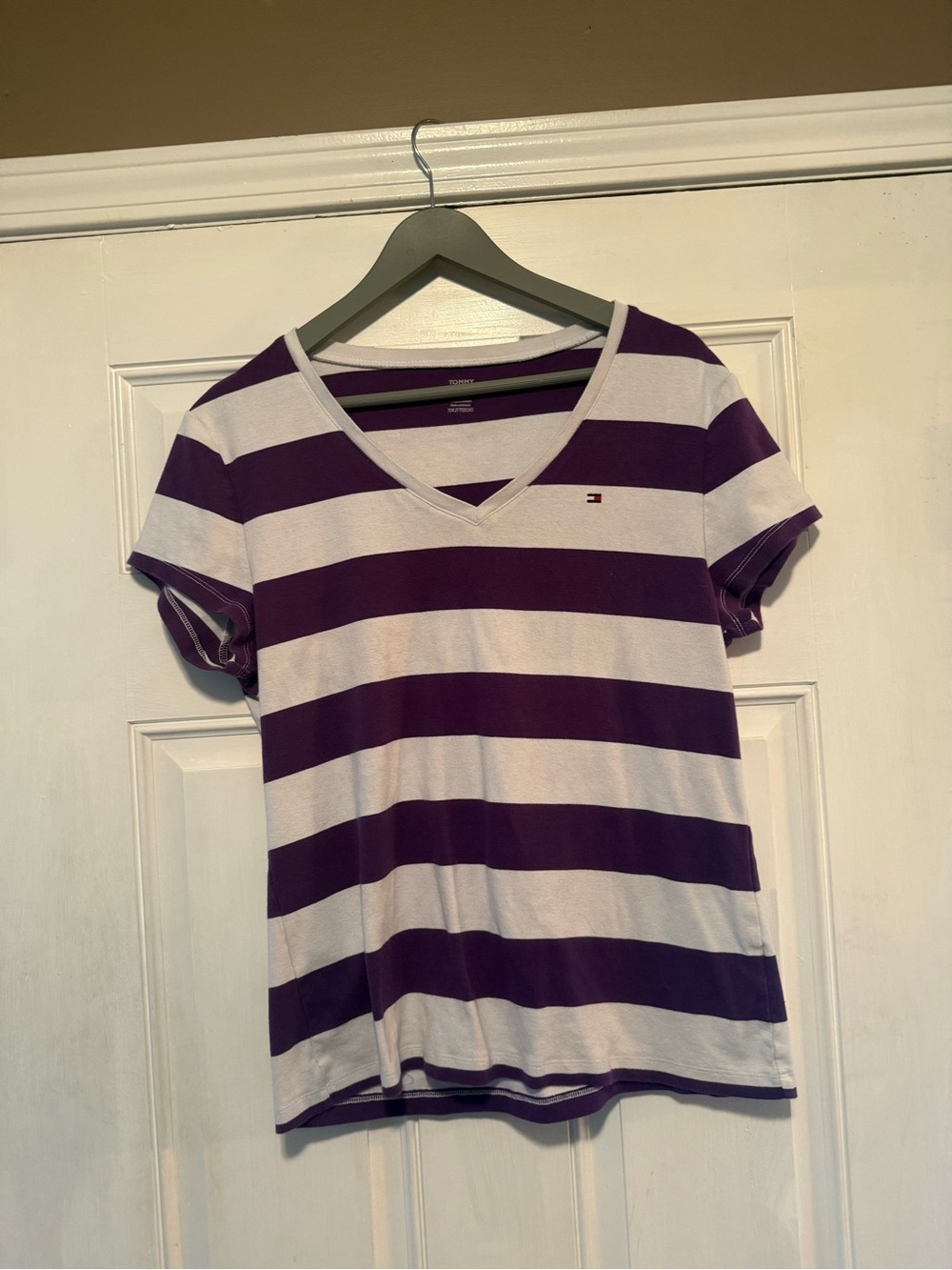Tommy Hilfiger Purple and White Striped V-Neck Tee